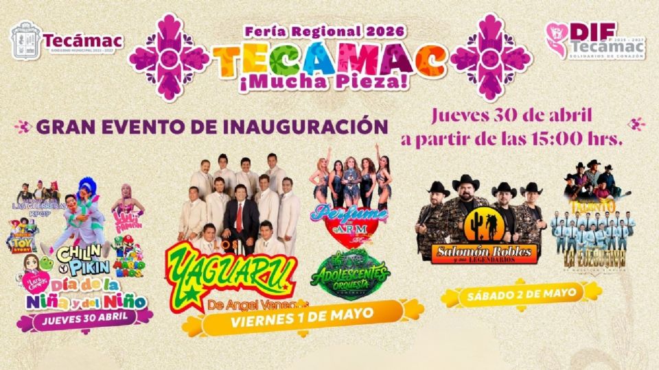 Cartel de artistas que darán concierto GRATIS en la Feria Regional Tecámac 2026